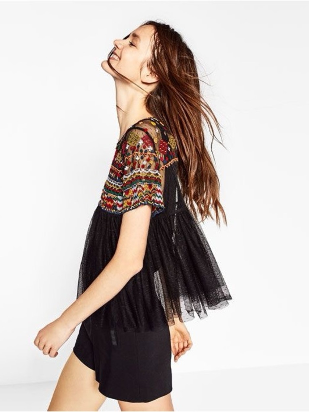 Zara trafaluc Embroidered Mesh Babydoll Top - Women